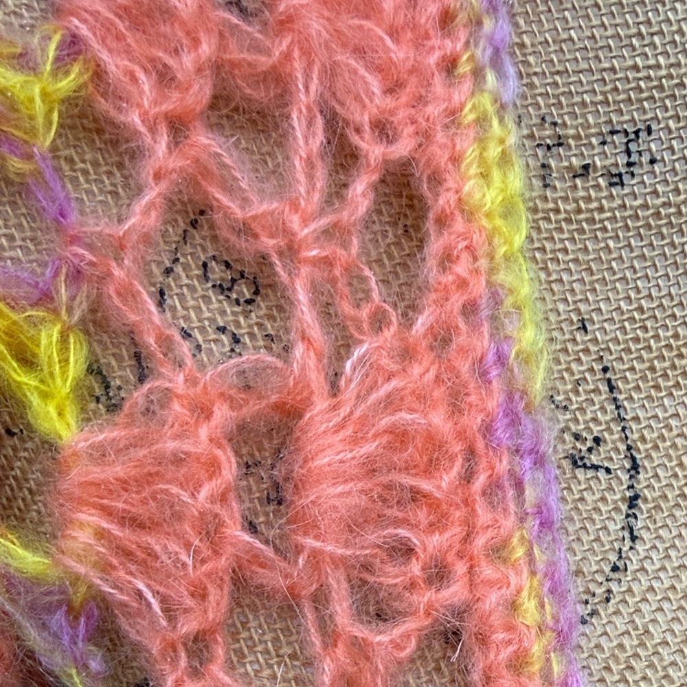 Handcrafted Pink and Yellow Knit Scarf crochet, coral, yellow, and purple wrap - Picture 9 of 9